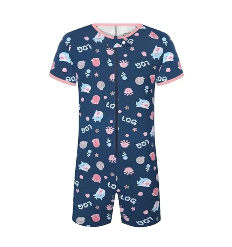 Landofgenie Herren Body Atmungsaktiver Baumwolle Bodysuit mit Reißverschlüsse, Kurzarm One-Piece Pyjama Meeresorganismus-Druck XL