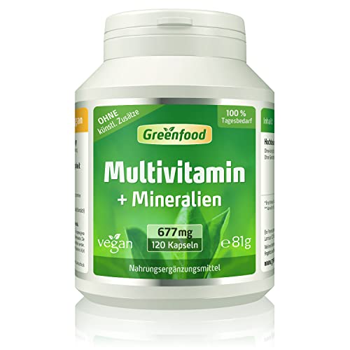 Multivitamin Kapseln Hochdosiert - 677 mg Vitamine, Mineralien und Spurenelemente pro Tag (120 vegane Kapseln) - A bis Z Vitamine für den optimalen Tagesbedarf - ohne Zusätze & Gentechnik - Greenfood