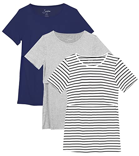 Sosolism 3er Pack Stillen Tshirt Kurzarm Stillshirt Sommer Rundhals Brusternährung Oberteil Freizeit Stilltop Postpartale Damen Marineblau, Hellgrau, Gestreift, Mittel