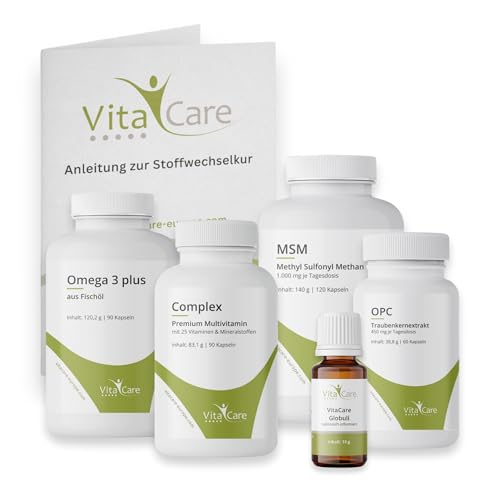 VitaCare 21-Tage Stoffwechsel-Kur, 6-teiliges Komplettset für HCG-Diät, enthält MSM, Multivitamin Complex, Omega 3 plus, OPC Traubenkern & Globuli
