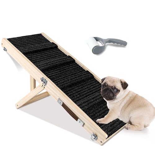 Umtiti Haustierrampe aus Holz, zusammenklappbar, tragbar, 4 Stufen, verstellbar, 22,9 cm bis 43,9 cm, mit Rutschfester 5 Pfoten-Traktionsmatte für kleine, mittelgroße Hunde.Dog Ramps-BK,DE