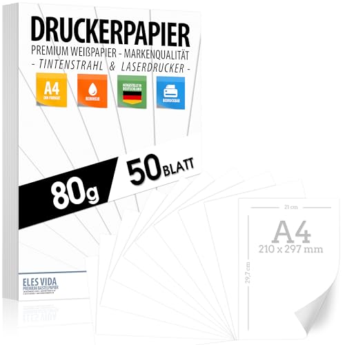 Druckerpapier A4 80g weiß – 50 Blatt - PREMIUM PAPIER Reinweiß - DIN A4-21 x 29,7 cm - Kopierpapier, Laserdrucker & Tintenstrahl für Uni, Fotografie, Präsentationen Ideal für Büro & Office