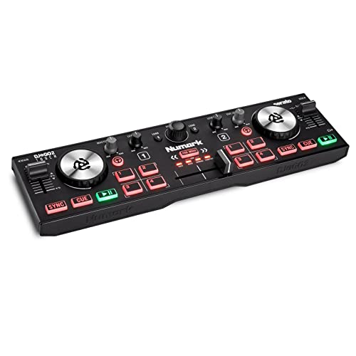 Numark DJ2GO2 Touch Mini DJ Controller für Unterwegs - 2-Deck USB DJ Pult mit Audio Interface und Kapazitativen Jogwheels, 4 Pad Modi; Software Enthalten
