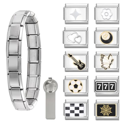 Menore Italian Charm Bracelet, 12PCS Italian Charms Armband Set mit Öffnungswerkzeug und Armband, DIY Abnehmbar 9mm Edelstahl Module für Italienische Armbänder, Geschenk für Frauen Mädchen