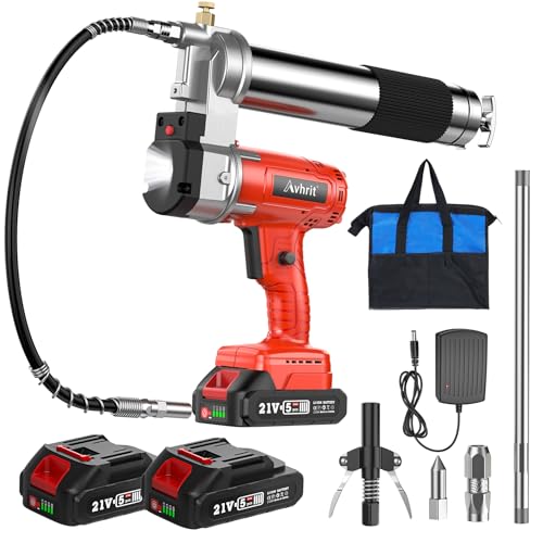 Avhrit Akku Fettpresse Kit mit 2 wiederaufladbaren Batterien, freihändig, 10.000 PSI, 5 oz/min, 39,4“ Langer Schlauch, 3 Verschiedene Kupplungen für schwere Geräte