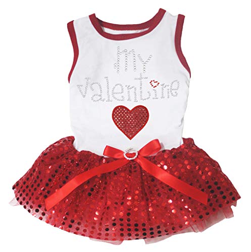 Petitebella Hunde/Welpen Kleidung Kleid My Valentine mit Herz Weiß Baumwolle Top Rot Pailletten Tutu, X-Large, Rot