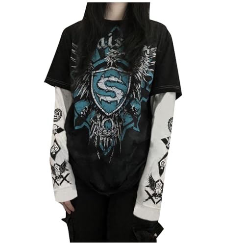 GXYANiaoy Damen Gothic Sweatshirt Y2K Langarm Shirt Emo Grunge Alt Vintage Streetwear E-Girl Grafikdruck Pullover 90er Jahre Anime Academia Baggy Top Casual Sport Langarmshirt Femboy Techwear Clothes