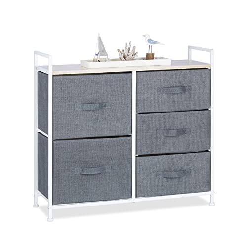 Relaxdays Regalsystem, 5 Stoff-Schubladen, HxBxT: 77,5 x 83 x 29 cm, universale Schubladenbox, Metall und Holz, grau, Design: F