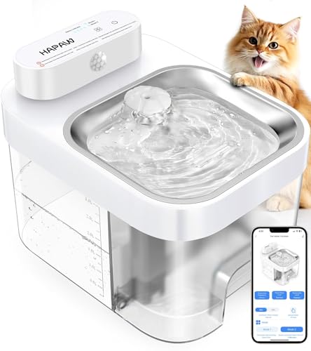 HAPAW Katzenbrunnen mit App-Überwachung, 3 L Frisch- & 1,35 L Abwassersystem, Trinkbrunnen für Katzen, Filterloser Automatischer Wasserspender mit 5000 mAh,