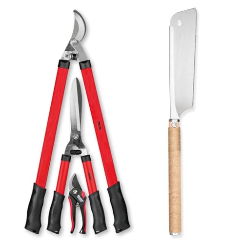 WALTER Gartenscheren Set-3 tlg + Japansäge Dozuki | Rosenschere, Heckenschere, Laubschere, Karbon-Stahl, ergonomischer Griff für Arbeiten im Garten