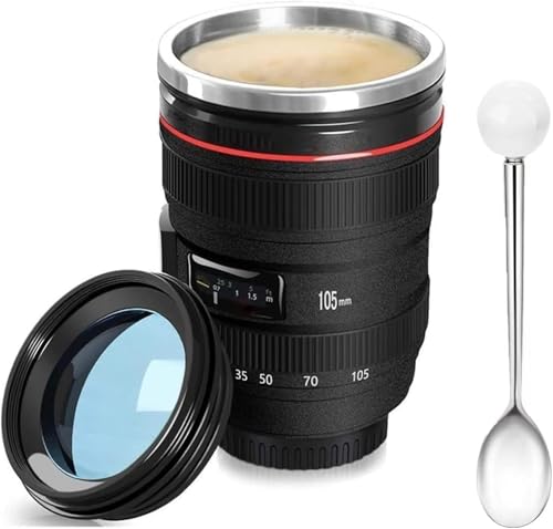 Cefrank Objektiv Tasse Kaffeetasse mit Löffel Kamera Objektiv Becher Edelstahleinsatz Thermobecher Kamera- 350ml