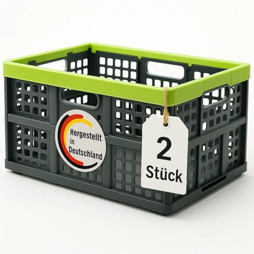 BigDean Klappbox faltbar & extrem stabil aus robustem Kunststoff in Anthrazit – Klappkorb ideal für Einkäufe und Transport – Einkaufskiste Made in Germany (2er Set)