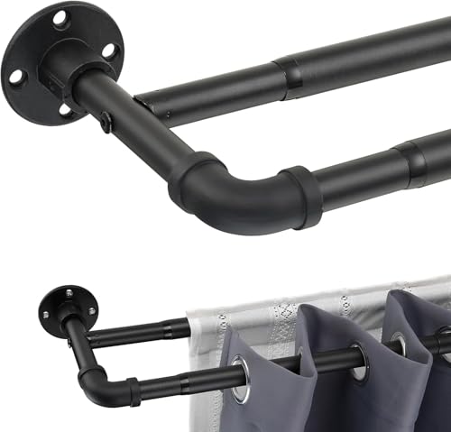 Gardinenstange Innenlauf 2-Läufig Industrieller Stil, 74-200cm Gardinenstange für Fenster mit Flanschkopf aus Edelstahl, Gardinenstange Verstellbare Dekorative Fenster/Mattschwarz