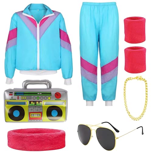 90er 80er Jahre Outfit Herren, 80er Jahre Trainingsanzug Erwachsene,Jacke Hose Anzug und Accessoire, Jogginganzug, Retro Anzug Herren Damen, Bad Taste Kostüm für Karneval Fasching Mottoparty (L)