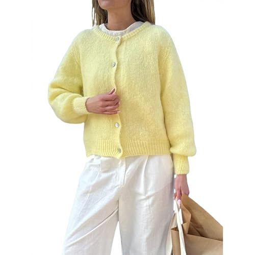 Geagodelia Damen Strickjacke Elegante Langarm Strick Cropped Cardigan Pullover Strickpullover Strickweste Y2k Sweater Knitted Top Herbst Frühling (A - Gelb, S)