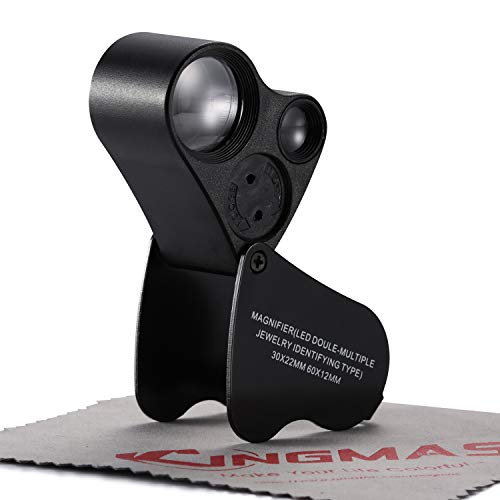 KINGMAS Beleuchtete Schmucklupe mit 2 Linsen, 30-fach 22 mm, 60-fach 12 mm, Juwelierlupe mit LED-Beleuchtung, Schwarz