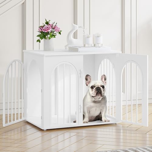 Hzuaneri Hundekäfig Möbel, 68cm Hundebox für Zuhause, 3 Türen, Bogentür, Moderne Hundebox Indoor für Hunde, Beistelltisch, Hundekäfig Hochbelastbar, 49 x 68 x 56 cm, Weiß DFC85513W