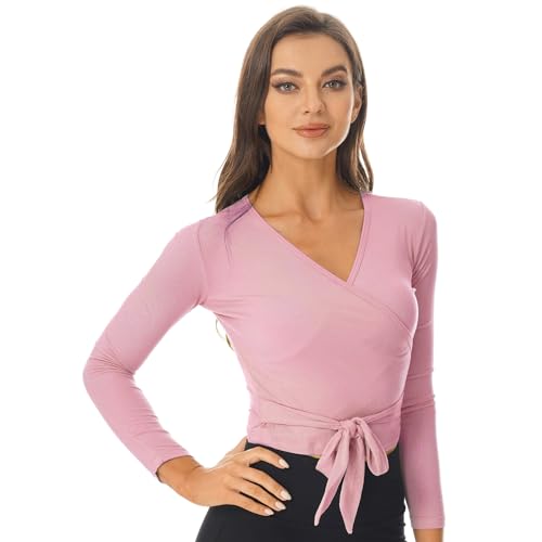 Kaerm Damen Ballett Wickeljacke Gymnastik Tanz Ballettjacke Lange Ärmel Tanz Jäckchen V-Ausschnitt Cardigan Tanz Wickeltop für Frauen Gr. S-XXL Rosa S