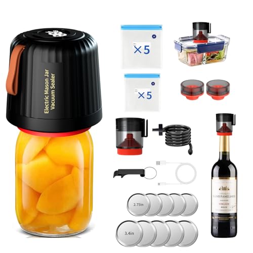 Mason Jar Einmachglas Vakuumierer für Einmachgläser Kompatibel Vacuum Sealer mit Vakuumbeutel, Weinflaschen, Einmachgläsern mit breitem und normalem Mund mit 10 Deckel,10 Vakuumierbeutel