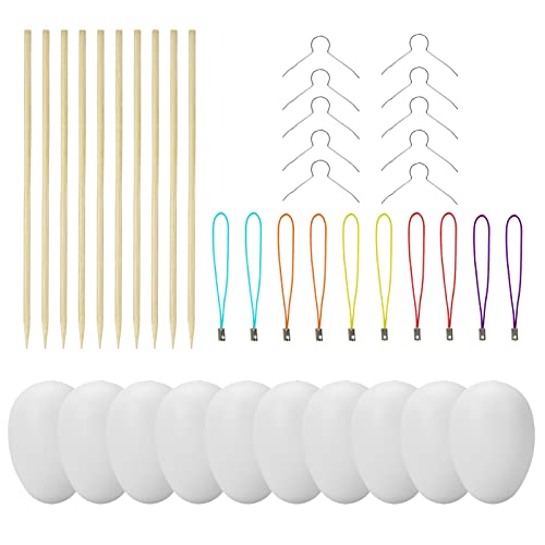 25 Deko-Eier Ostern [6 cm, Kunststoff] + 25 Aufhänger für Ostereier + 10 Schaschlik-Spieße fürs Marmorierenzum oder malen, Osterdekoration