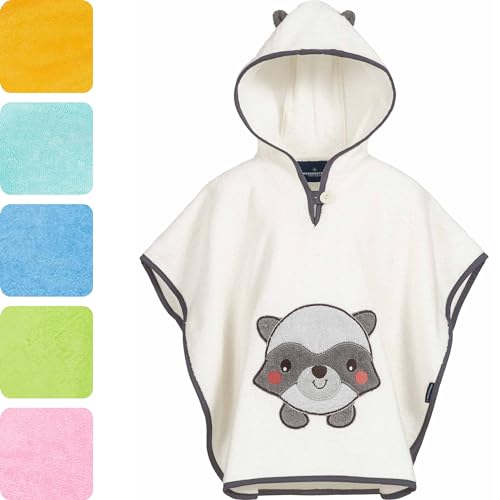 Morgenstern Badeponcho Kinder Baby Mädchen Jungen 100% Baumwolle OEKO-TEX Babybadetuch Kapuzenhandtuch Bademantel Frottee Waschbär