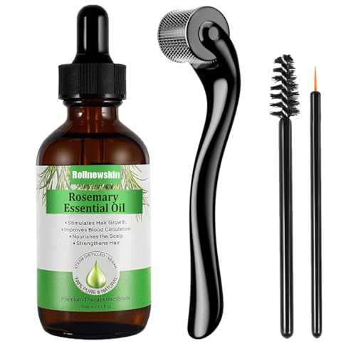 Rollnewskin Rosmarin ätherisches Öl (60ml)+ Derma roller 0,5mm für Haarwachstum, Hautpflege, Augenbrauen und Wimpern Wachstum Haarausfall Behandlung Öl