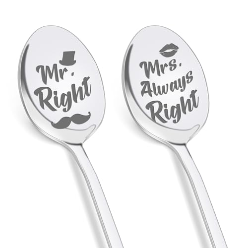 PRSTENLY Hochzeitsgeschenke für Brautpaar, 2 Stücke Kaffeelöffel mit Gravur-Mr. Right & Mrs. Always Right, Hochzeit Geschenk für Paar Couple, Kleine Verlobungsgeschenk für Beide