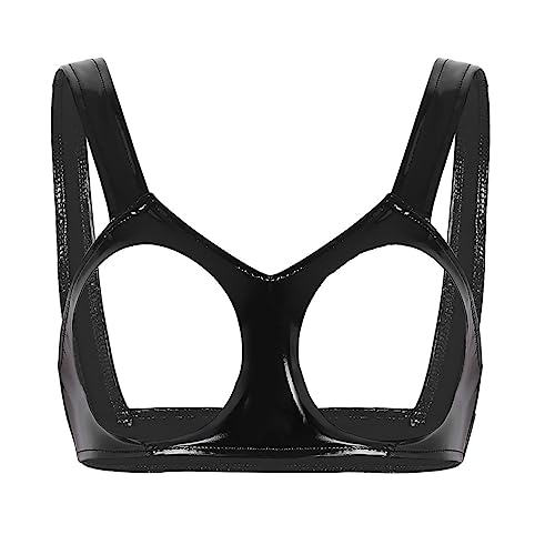 TiaoBug Damen Wetlook Ouvert BH Erotische Unterwäsche Reizvoll Dessous Lack Leder Bra Sexy Nachtwäsche Top Gogo Kostüm Clubwear Schwarz L