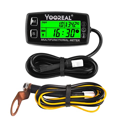 Yooreal Digitaler Betriebsstundenzähler und Drehzahlmesser, Motortemperaturanzeige, hintergrundbeleuchtetes Display, wasserdicht für Roller, Mini-Fahrrad, Motorrad, Rasentraktor (HM035A TS002-1)