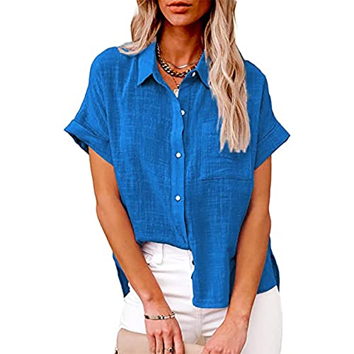 Box Day Sale Sommer-Damen-Leinen-Basic-Hemd, UK, Button-Down, Kurze Ärmel, Elegantes Revers, Büro, einfarbig, Polo, lässig, elegant, Vintage-Blusen mit lockerer Passform, Geburtstagsgeschenke