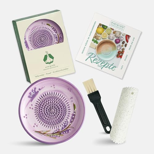 Evergrate® Keramikreibe Valeria mit Geschenkbox – mit Reibe, Knoblauchschäler, Rezeptheft & Pinsel – Handgefertigt für Ingwer, Knoblauch & mehr – Spülmaschinenfest & langlebig