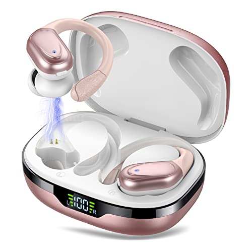CASCHO Bluetooth Kopfhörer Sport, Kopfhörer Kabellos Bluetooth 5.3, 60 Std Kabellose Kopfhörer mit Tiefer Bass, In Ear Kopfhörer mit 4 ENC Klarer Mic, IPX7 wasserdichte Ohrhörer mit Ohrhaken Roségold