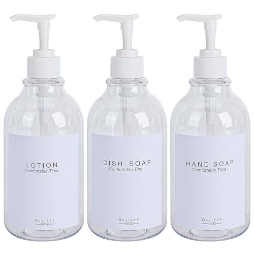 GOYISEE Shampoo- und Conditionerspender für Duschwände, 3 Kammern, nachfüllbare Flaschen mit Wasserdichten Etiketten, Seifenspender mit Pumpen (3 Bottles-Clear)