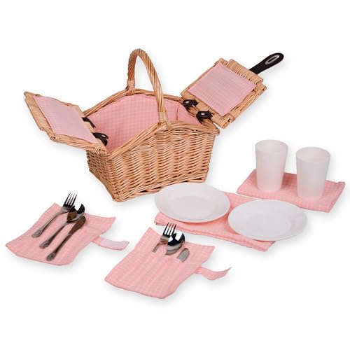 UNUS® Picknickkorb für Kinder rechteckig aus Weide mit Stoffauskleidung ? Komplettset für 2 Personen mit Besteck, Tellern und Bechern ? Tragbarer Weidenkorb für Picknick und Ausflüge