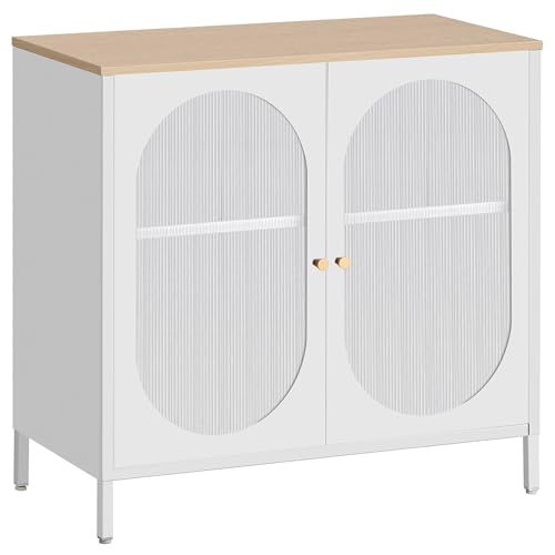HOMSTEEL Sideboard, Metallschrank mit transluzenten PC Board Türen, Zwei Farbe Griffe, Liquor Schrank mit verstellbaren Regalen für Küche, Esszimmer, Wohnzimmer, Flur, Naturfarben-Weiß