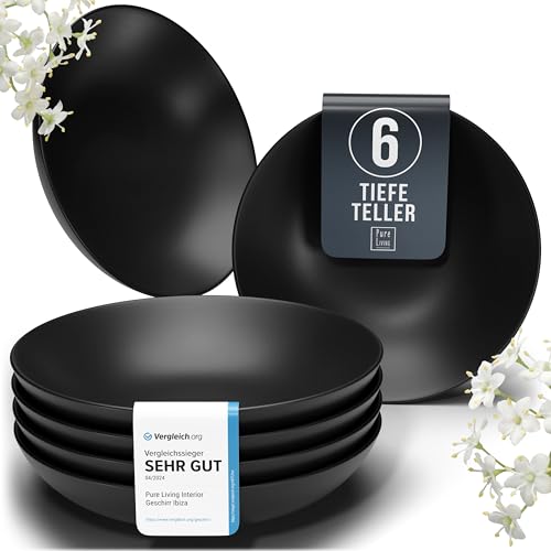 Steingut Suppenteller 6 Pers. Manhattan Hochwertiges Urban Style TEST SEHR GUT Tiefe Teller Set- Kratzfest, Für Spülmaschine, Mikrowelle - Pasta Teller Tief Groß - Pure Living Geschirr in matt schwarz