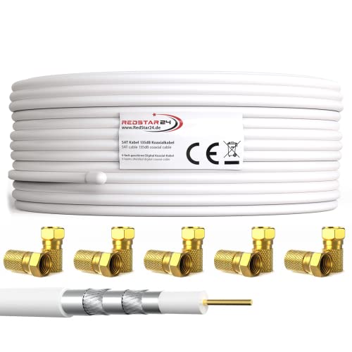 RedStar24 100m Koaxialkabel SAT Kabel 135dB Digital | Class A+ | 5-fach geschirmt für Ultra HD 4K DVB-S/S2, DVB-C/C2, DVB-T | Koaxial Antennenkabel für BK Anlagen | Weiß inkl. 10 vergoldete F-Stecker