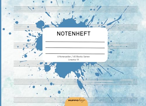 Notenheft: DIN A5 Notenlinienheft, Notenbuch für den Musik-Unterricht, A5 Blanko Notenpapier, Musiktheorie Schule, 60 Seiten mit 6 Notenzeilen / Systeme pro Blatt , Lineatur 14