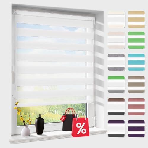Doppelrollo klemmfix ohne Bohren, Duo Rollos für Fenster & Tür mit Bohren, Version 2025 Weiß B45 x H150cm (Stoffbreite 41cm), Sonnenschutz Klemmrollo Fensterrollo Zebrarollo Seitenzugrollo