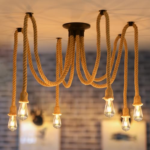 ANWIO Hanfseil Deckenlampe Pendelleuchte Spinne Kronleuchter Hanfseil DIY Deckenleuchte Retro Hängelampe Pendellampe E27 für Speisesaal Schlafzimmer Wohnzimmer Esszimmer Hotel Dekoration (6 Flammig)