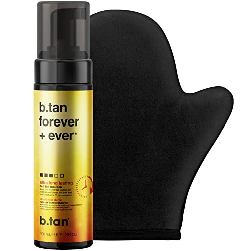 b.tan Ultra-langanhaltendes Selbstbräuner-Set | Forever Set - Dunkel, Selbstbräunungsmousse hält bis zu 11 Tage, mit Bräunungshandschuh, 1-Stunden-Selbstbräuner, Gesicht & Körper