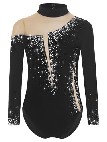 Yruioon Mädchen Turnanzug Glitzer Langarm Gymnastikanzug Strass Glänzend Eiskunstlauf Body Overall Sportbody Wettbewerb Tanzkostüm Schwarz 146-152