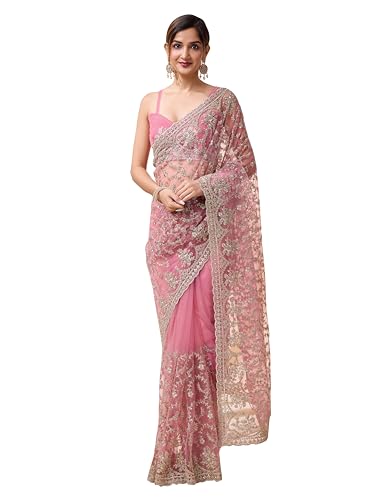 TRENDMALLS Damen Netz Stickerei Sari mit Blusenteil (K1083-LightPink), Hellrosa, Einheitsgröße
