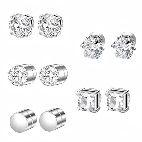 5 Stück Magnetohrringe, Magnet Ohrringe Damen, Intarsien Nicht Durchbohrend, Kein Piercing Magnetische Ohrringe für Herren Mann Damen Silber, Rund/Quadratisch