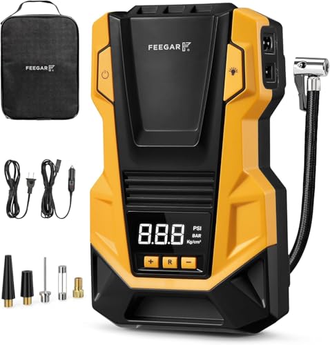 Feegar Kompressor Auto 12V DC/230V AC Duale Stromquellen,Metallzylinder, Hochdruck bis zu 10,3 bar, max. Luftdurchsatz von 36 L/min, Multifunktionaler Luftkompressor für Fahrrad, Auto, Schlauchboote,