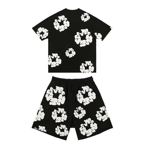 Herren T-Shirt und Shorts Set 2 Teiliges Sommer Outfit Zweiteiler Jogginganzug Oversized Bequeme Sport Kleidung Trainingsanzug Kurzarm Y2K Hip Hop Unisex Baumwollkranz Druck Männer Loungewear
