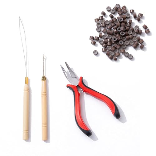 Haarverlängerungs-Werkzeug-Set mit 200 Silikon-Nano-Perlen, professionelle Werkzeuge, Zange und Schlaufeneinfädler zum Verlängern der Haare, Feder-Zubehör, Braun