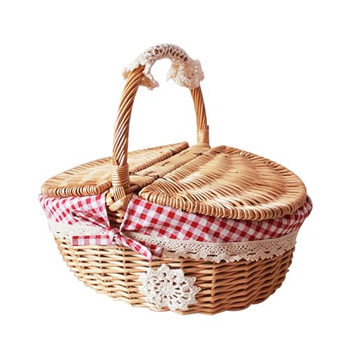 Picknickkorb aus Weide, Weide Picknickkorb mit Deckel, Natural Weidenkorb mit Henkel, Handlicher Einkaufskorb aus Weide, Tragekorb aus Weide Einkaufskorb, für Einkaufspicknick
