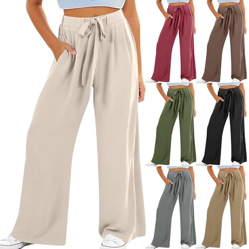 Palazzo Hose Mädchen mit Weitem Bein High Waist Y2K Freizeithose Teenager Gummibund Kordelzug Baggy Fließend Sommerhosen Lässige Soft Hosen (Black, 13-14 Years)