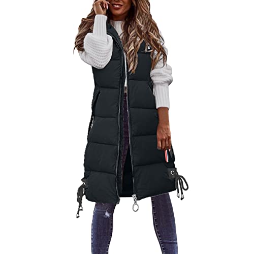 2025 Frauen-beiläufiger Fester Mantel mit Kapuze Weste Reißverschlusstasche lose ärmellose Jacke Langer Mantel Wetterjacke Damen Wasserdicht Atmungsaktiv (Black, L)